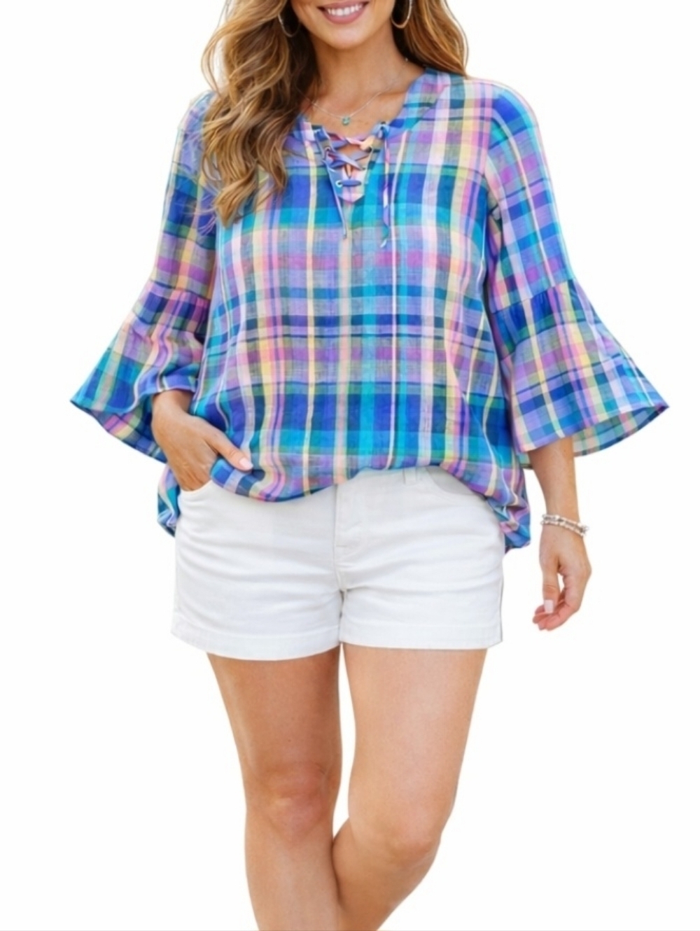 Isaac Mizrahi Live Plaid Bell Sleeve Lace-Up Blouse Multicolor Woman's Medium